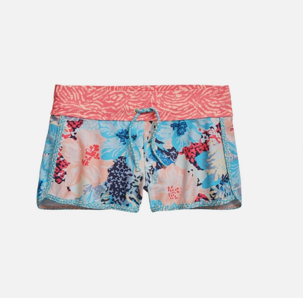 Athleta Girls Coral Pink and Light Blue Floral Swim Shorts
